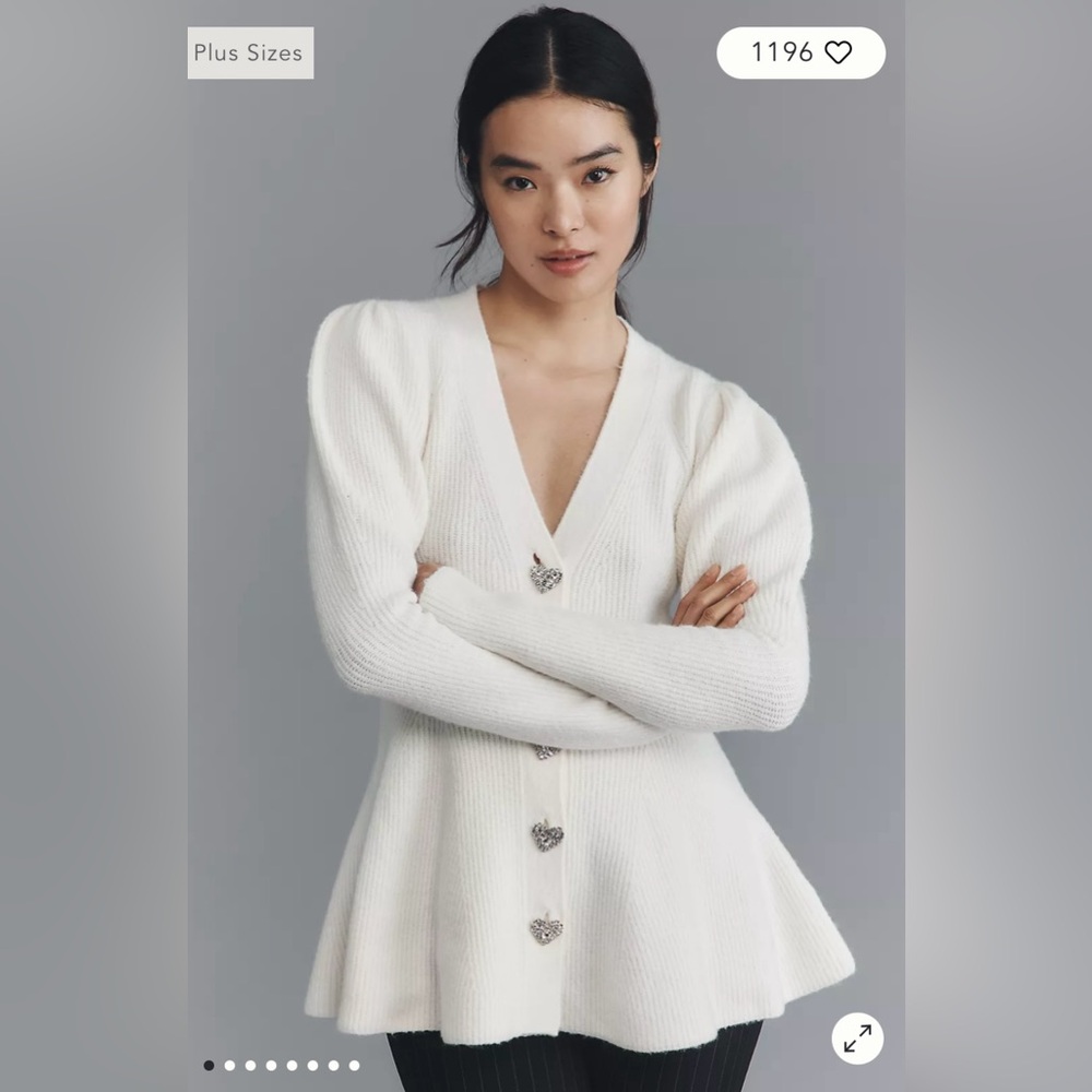 Maeve/Anthropologie Puff Sleeve Heart Button Cardigan Sweater in Ivory M. NWT